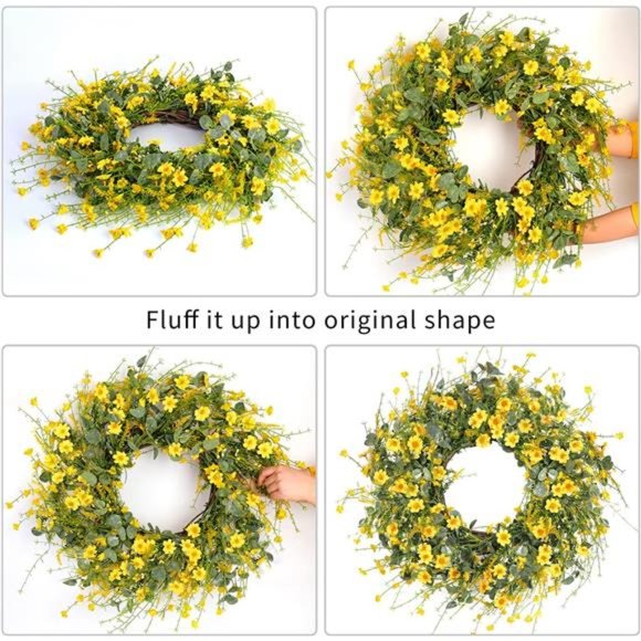 Yellow Daisy Wreath 24 Inch Spring Summer Fake Silk Floral with Green Eucalyptus - Picture 2 of 7